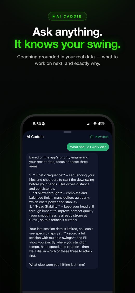 AI Caddie chat — coaching grounded in your swing data