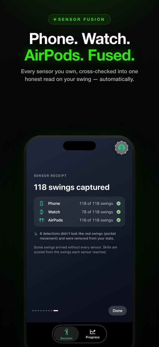 Sensor fusion — phone, Watch, and AirPods cross-checked