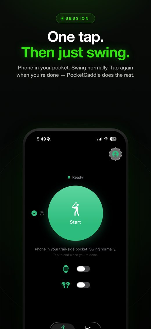 Session screen — start, swing, done